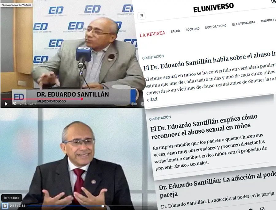 Arriba, izquierda: entrevista al Dr. Eduardo Santillán en el programa Amanece con nosotros, del 9 de septiembre del 2019. Abajo, entrevista al Dr. Eduardo Santillán para La Revista, de Diario El Universo en enero del 2018. Al lado, algunas de las publicaciones en diarios guayaquileños.